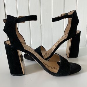 Sam Edelman black suede and gold block heels